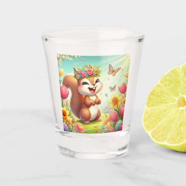 Cute, happy springtime squirrel  shot glass (Front)