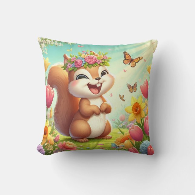 Cute, happy springtime squirrel  throw pillow (Front)