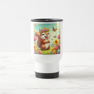 Cute, happy springtime squirrel  travel mug