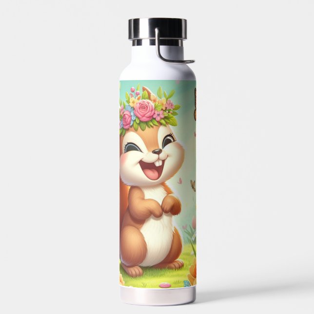 Cute, happy springtime squirrel  water bottle (Left)