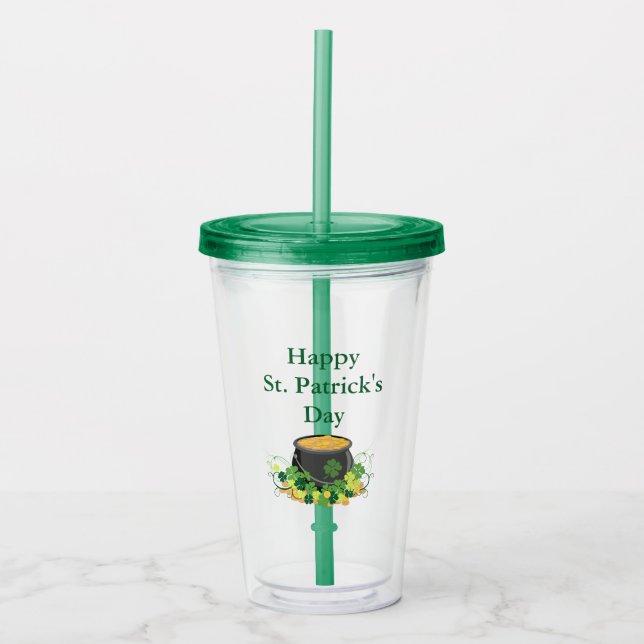 Cute Happy St. Patrick's Day Pot of Gold Acrylic Tumbler (Front)