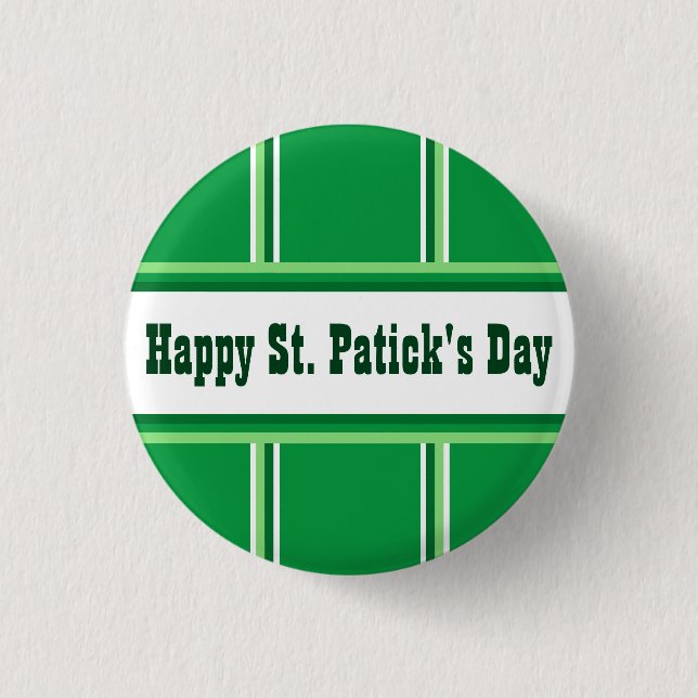 Cute Happy St Patricks Day Striped Green and White 1 Inch Round Button (Front)