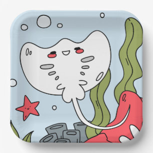 Cute Happy Stingray Art Under the Sea Party Paper Plate
