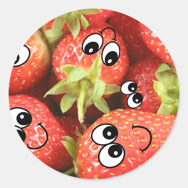 Cute Happy Strawberries Classic Round Sticker (Front)