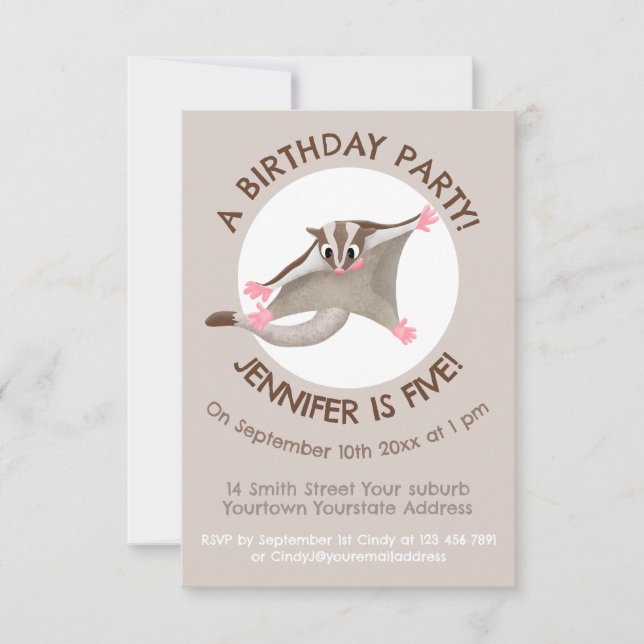 Cute happy sugar glider cartoon illustration invitation (Front)