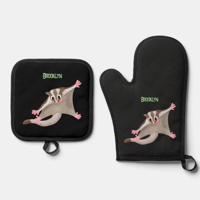 Cute happy sugar glider cartoon illustration oven mitt & pot holder set (Front)