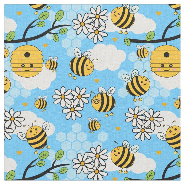 Cute Happy Summer Bees and Flowers Pattern Fabric (Close Up)