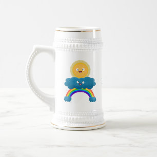Cute happy sun cloud rainbow cartoon beer stein