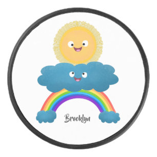 Cute happy sun cloud rainbow cartoon hockey puck