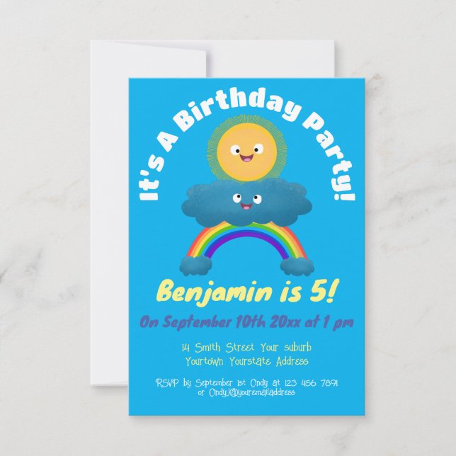 Cute happy sun cloud rainbow cartoon invitation (Front)