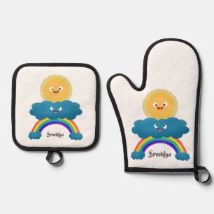 Cute happy sun cloud rainbow cartoon oven mitt & pot holder set