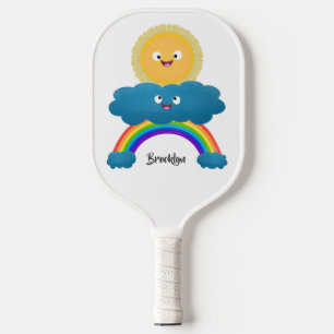 Cute happy sun cloud rainbow cartoon pickleball paddle