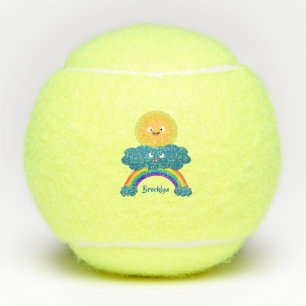 Cute happy sun cloud rainbow cartoon tennis balls