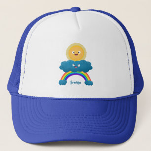 Cute happy sun cloud rainbow cartoon trucker hat