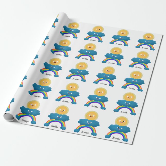 Cute happy sun cloud rainbow cartoon wrapping paper (Unrolled)