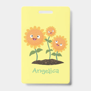 Cute happy sunflowers smiling cartoon illustration badge