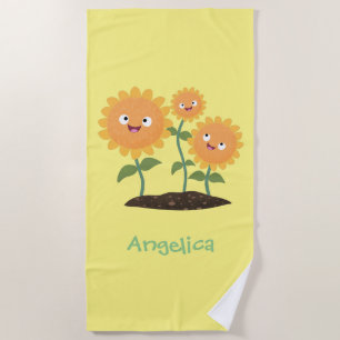 Cute happy sunflowers smiling cartoon illustration beach towel