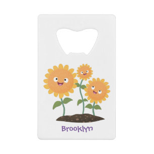 Cute happy sunflowers smiling cartoon illustration credit card bottle opener