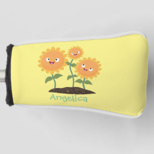 Cute happy sunflowers smiling cartoon illustration golf head cover