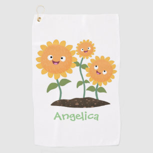 Cute happy sunflowers smiling cartoon illustration golf towel