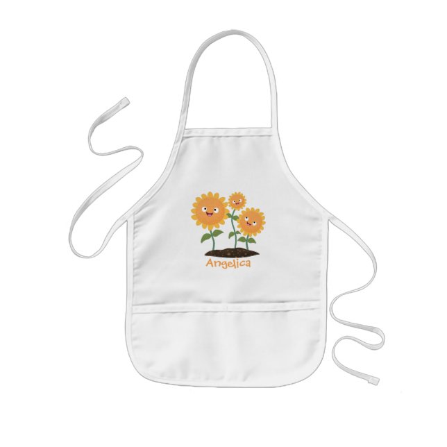 Cute happy sunflowers smiling cartoon illustration kids apron (Front)