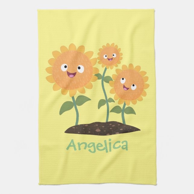 Cute happy sunflowers smiling cartoon illustration kitchen towel (Vertical)