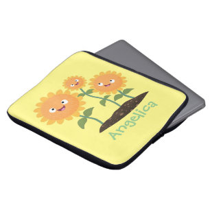 Cute happy sunflowers smiling cartoon illustration laptop sleeve