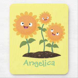 Cute happy sunflowers smiling cartoon illustration mouse pad