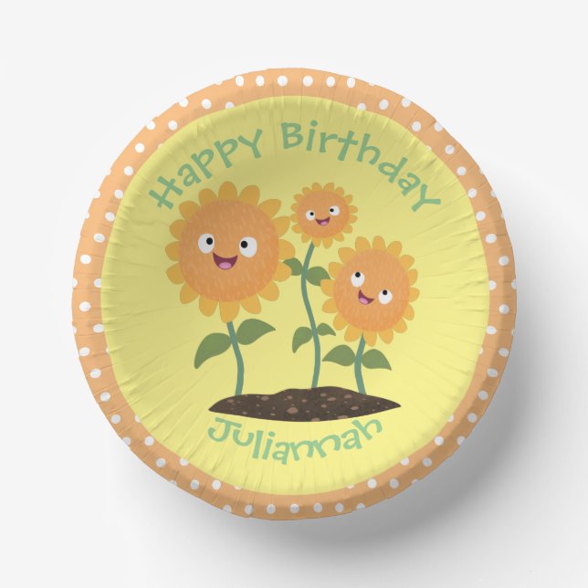 Cute happy sunflowers smiling cartoon illustration paper plate (Front)