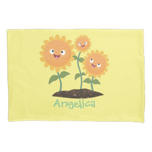 Cute happy sunflowers smiling cartoon illustration pillowcase