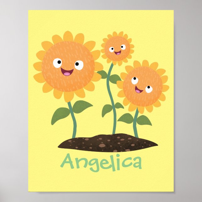 Cute happy sunflowers smiling cartoon illustration poster (Front)