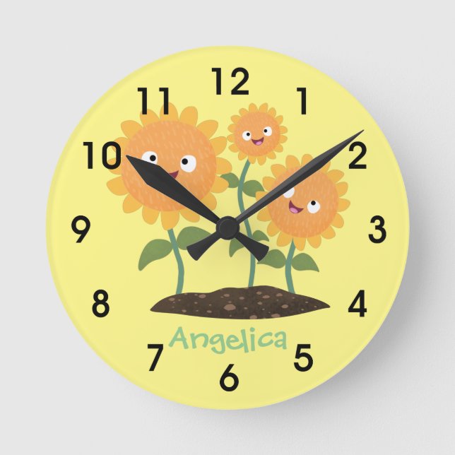 Cute happy sunflowers smiling cartoon illustration round clock (Front)