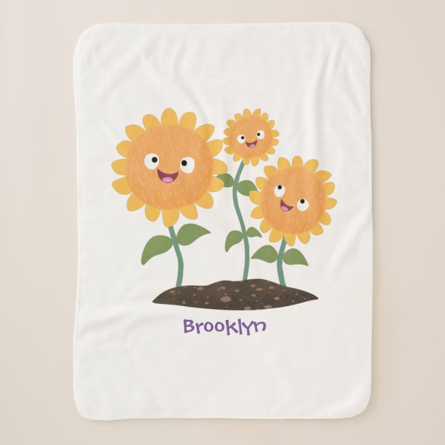Cute happy sunflowers smiling cartoon illustration sherpa blanket (Front)