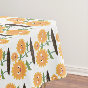 Cute happy sunflowers smiling cartoon illustration tablecloth