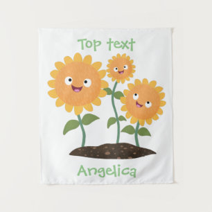 Cute happy sunflowers smiling cartoon illustration tapestry