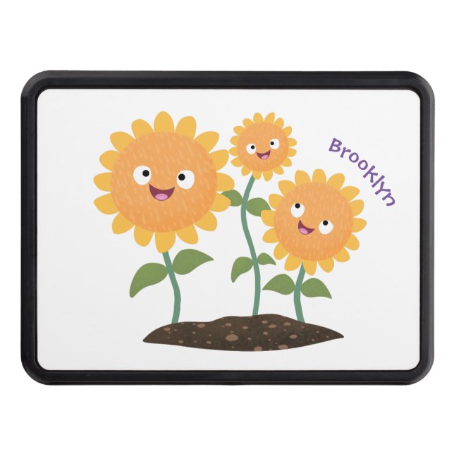 Cute happy sunflowers smiling cartoon illustration trailer hitch cover (Front)