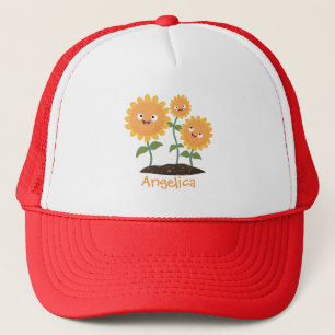 Cute happy sunflowers smiling cartoon illustration trucker hat