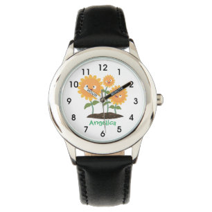 Cute happy sunflowers smiling cartoon illustration watch
