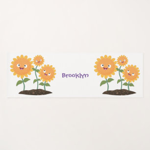 Cute happy sunflowers smiling cartoon illustration yoga mat