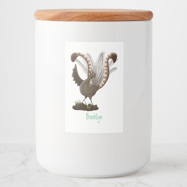 Cute happy superb lyrebird cartoon illustration food label (Front)