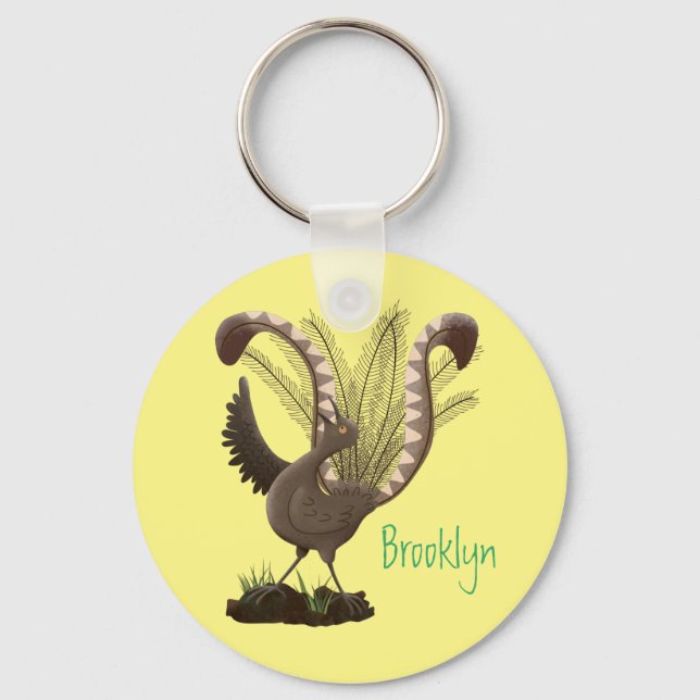 Cute happy superb lyrebird cartoon illustration keychain (Front)