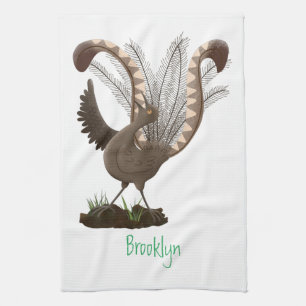 Cute happy superb lyrebird cartoon illustration kitchen towel