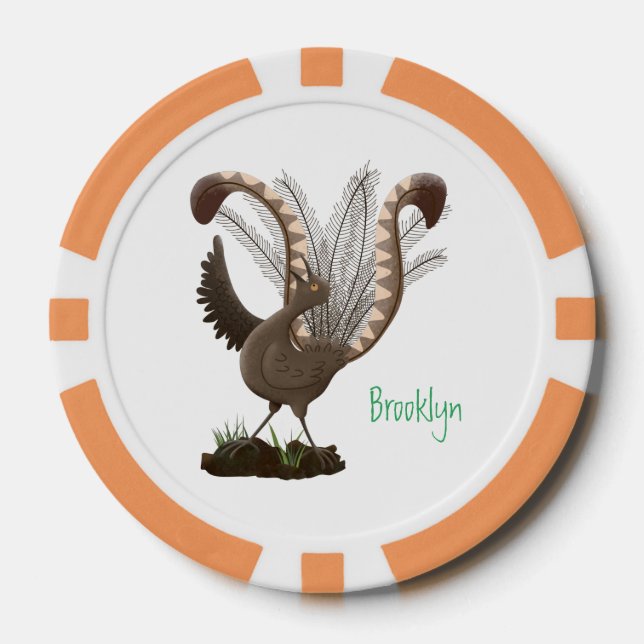 Cute happy superb lyrebird cartoon illustration poker chips (Front)