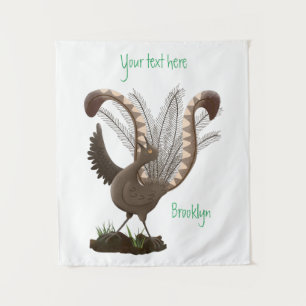Cute happy superb lyrebird cartoon illustration tapestry
