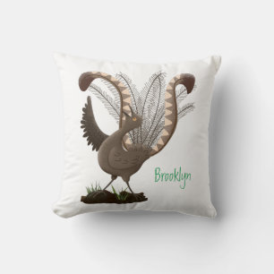Cute happy superb lyrebird cartoon illustration throw pillow