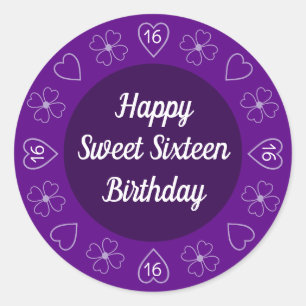 Cute Happy Sweet 16 Birthday Purple Festive Classic Round Sticker