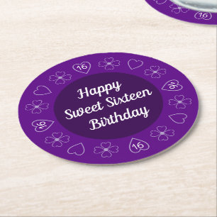 Cute Happy Sweet 16 Birthday Purple Festive Round Paper Coaster