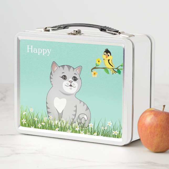 Cute Happy Tabby Cat & Little Bird on Light Blue Metal Lunch Box (In Situ)