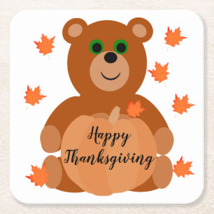 Cute Happy Thanksgiving Bear Pumpkin Leaves Square Paper Coaster