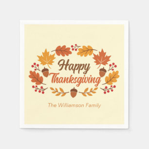 Cute Happy Thanksgiving Leaf Wreath Custom Party Napkin